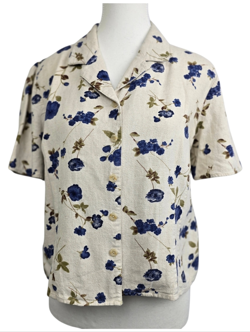 Vintage Jessica Linen-blend Cream Blue Floral Button Down Short Sleeve Blouse L